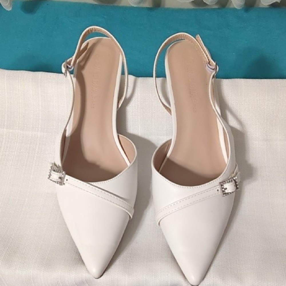 Wild Diva White Pointed Slingback Flats with Buckle